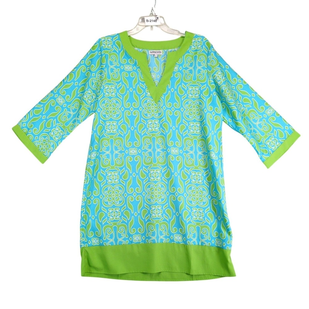 Buckhead Betties Blue Green Shift Mini Dress Sz L Resort Tunic Cruise Palm Beach